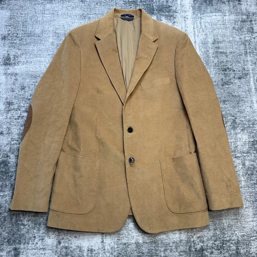 Lands End Blazer Mens 42 Tan Brown Corduroy Sport Coat Jacket Elbow Patches Ivy
